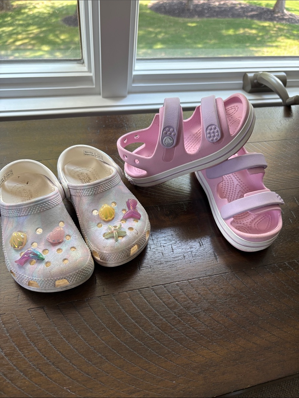 CROCS Kids Pink Sandal and Iridescent Charm Clog Set